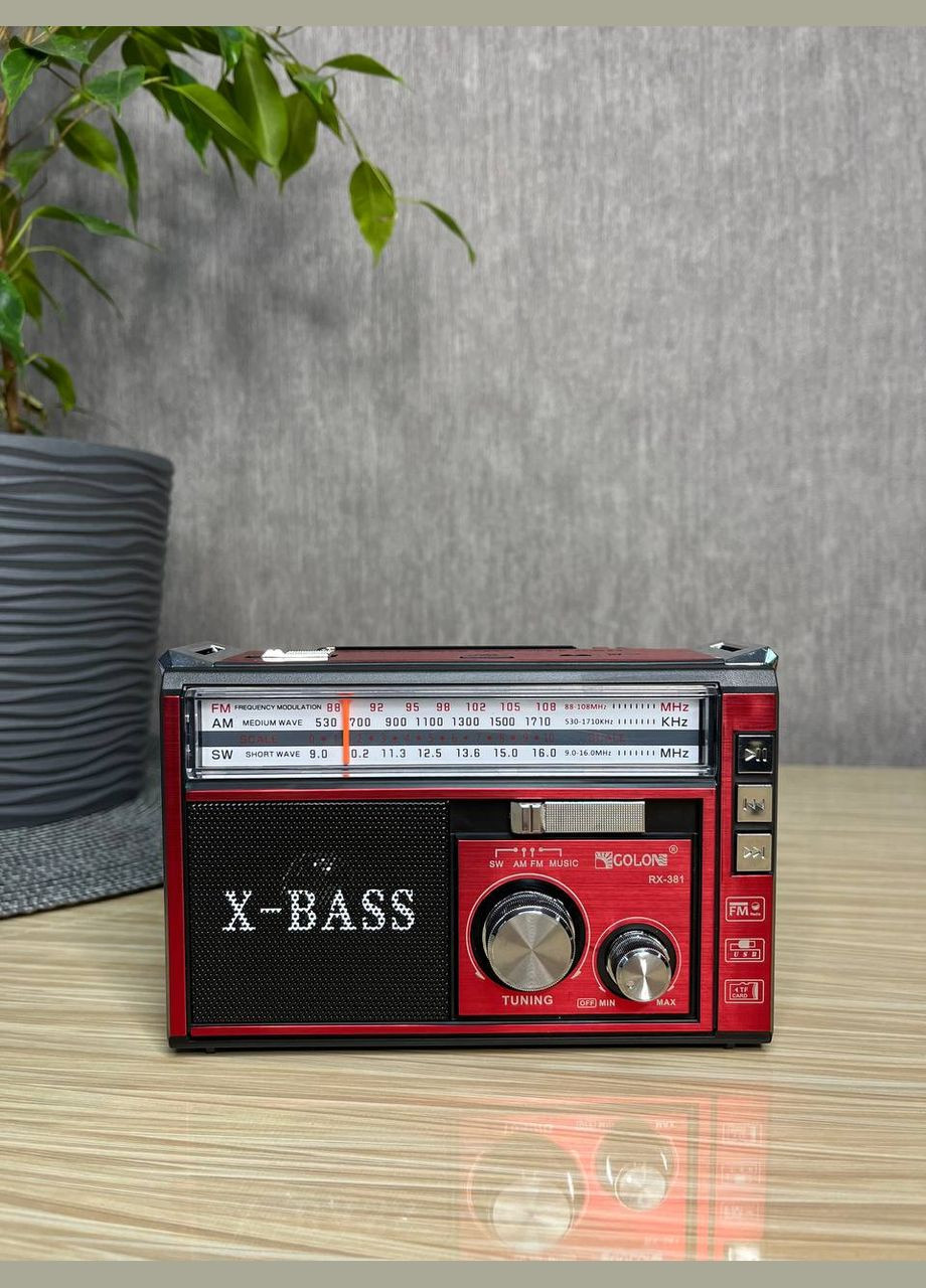 Радиоприемник от сети с аккумулятором и разьемом под батарейки, USB SD и двумя фонариками RX-381 Красный Golon (330828945)