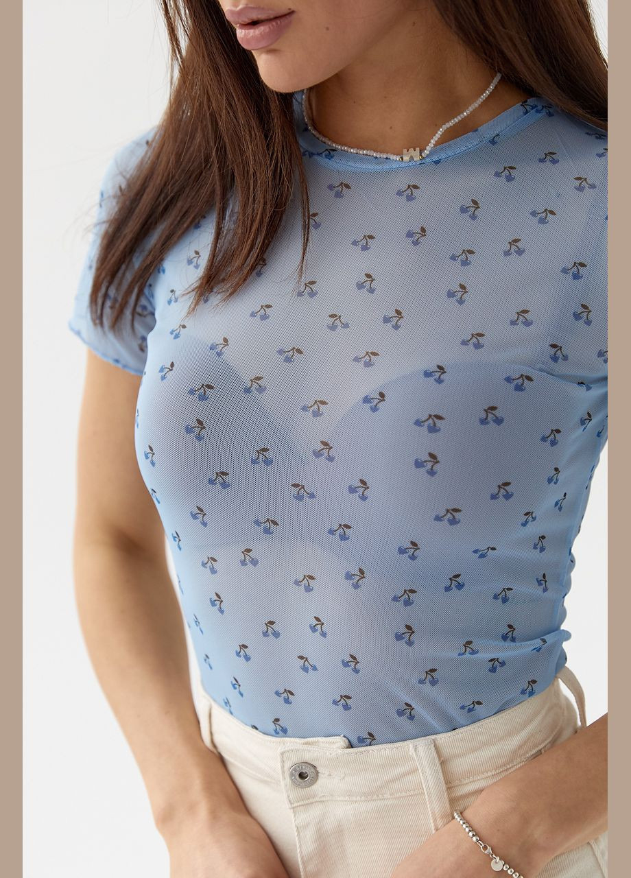 Голубая летняя женская футболка из сетки Lurex
