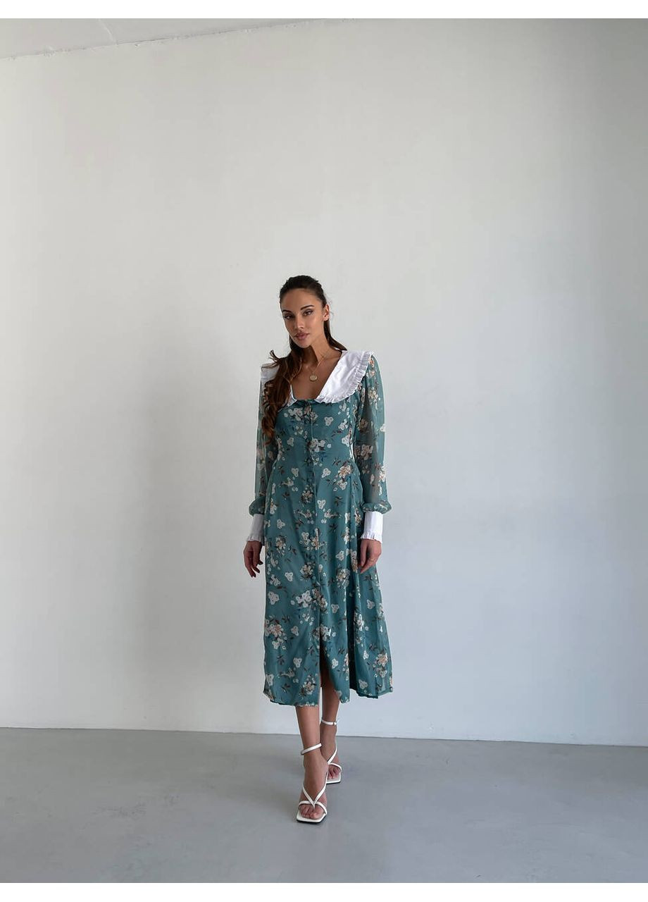Зеленое женское платье venetta с белым воротничком с цветочным принтом (mil516) milirud