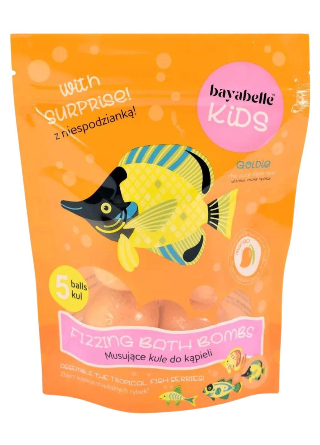 Шипучі бомбочки для ванни з іграшкою Goldie Манго 5 х 50 г Bayabelle Kids (294194809)