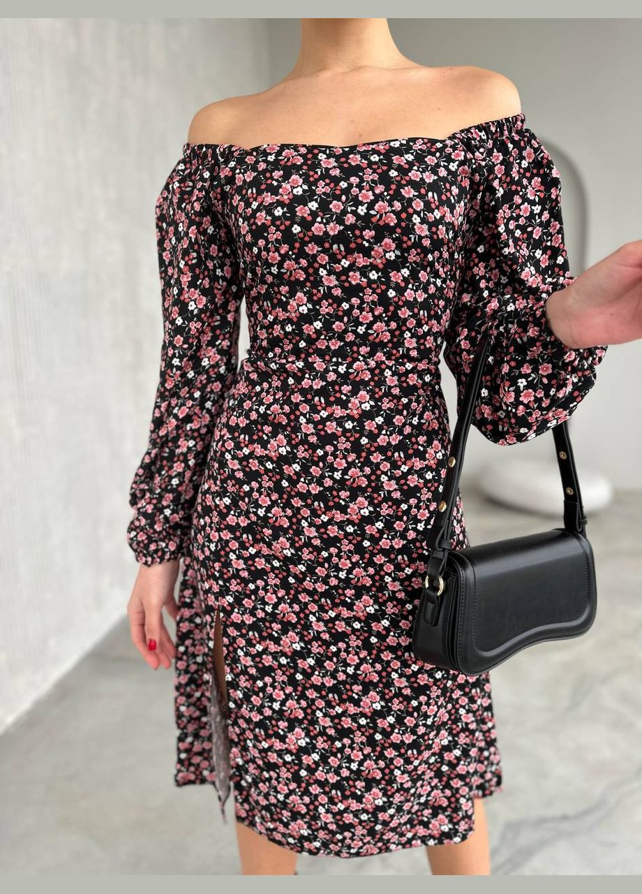 Черное кэжуал женское платье штапель No Brand с цветочным принтом