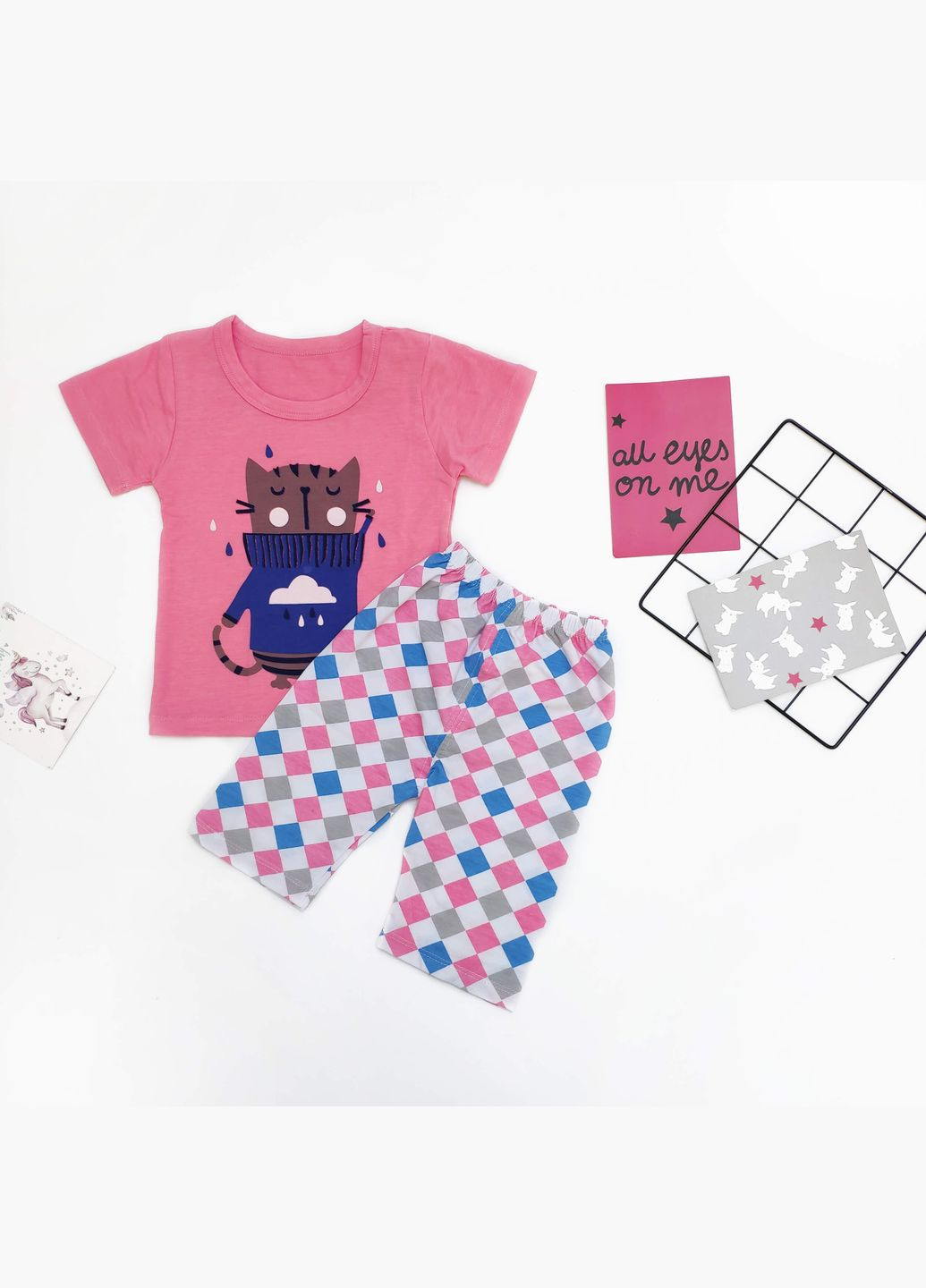 Рожевий демісезонний костюм дитячий з котом на футболці ( 90см ) (о1101) Qoopixie