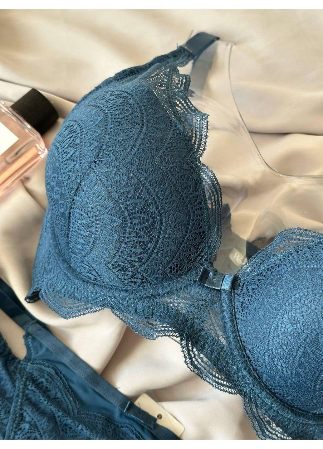 Синий комплект бюстгальтер push-up + кружевные трусики 2297d синий Weiyesi