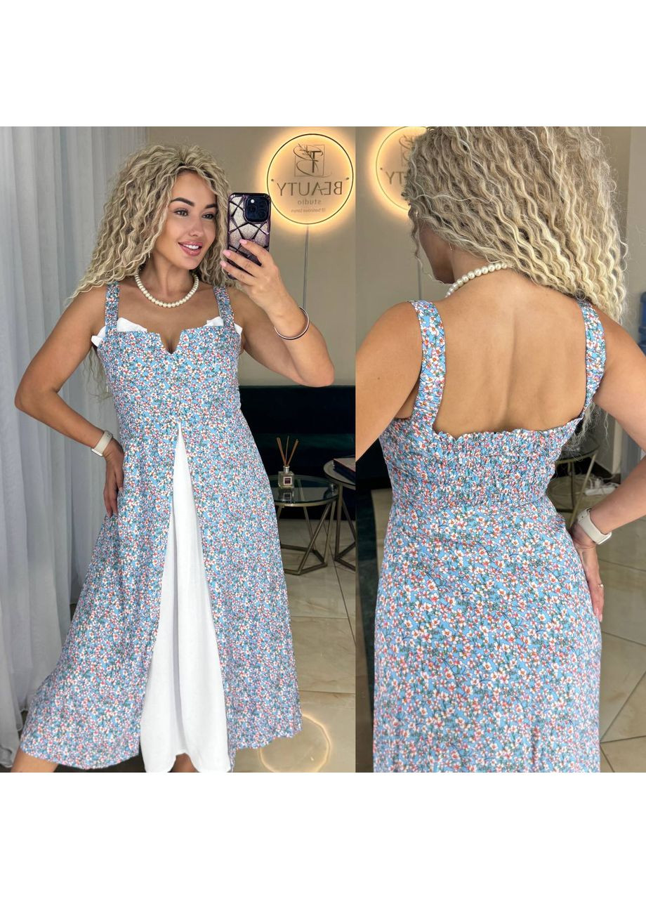 Блакитна повсякденний, вечірня, кежуал жіноча сукня в квітку FINO Mode з квітковим принтом