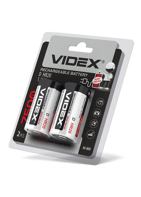 Акумулятори HR20/D 7500mAh 2 шт. у блістері, готові до використання з упаковки (24476) Videx (282312899)