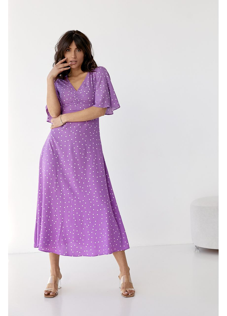 Фиолетовое повседневный, вечернее платье-миди с короткими расклешенными рукавами силуэтная Byron в горошек