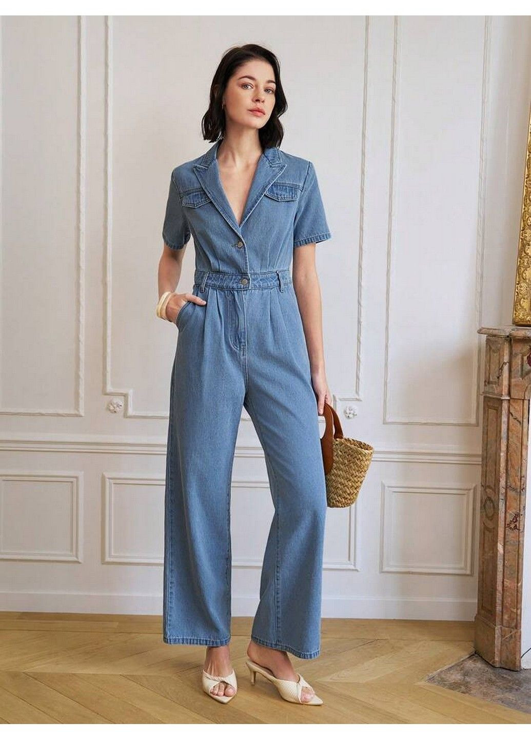 Джинсовий комбінезон SHEIN однотонний темно-блакитний джинсовий