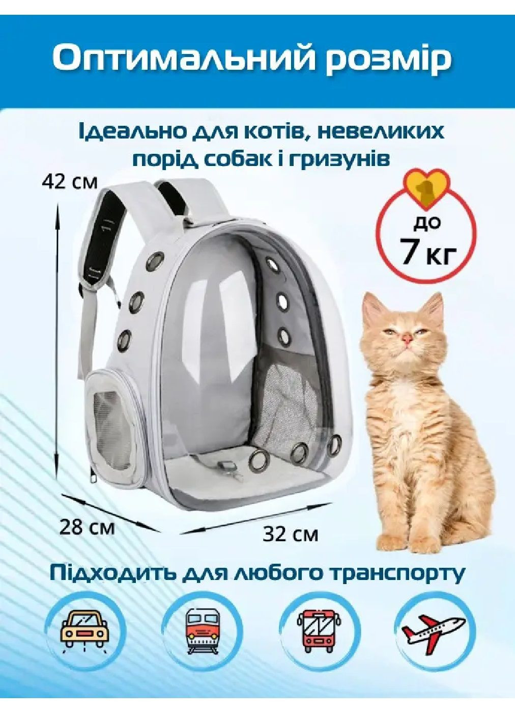 Рюкзак сумка переноска водонепроникна для тварин кішок собак з прозорою стінкою 42х32х28 см (477152-Prob) Сірий Unbranded (294944467)