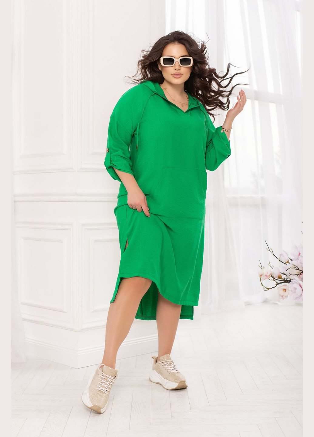 Зеленое повседневный льняное платье платье-худи No Brand однотонное