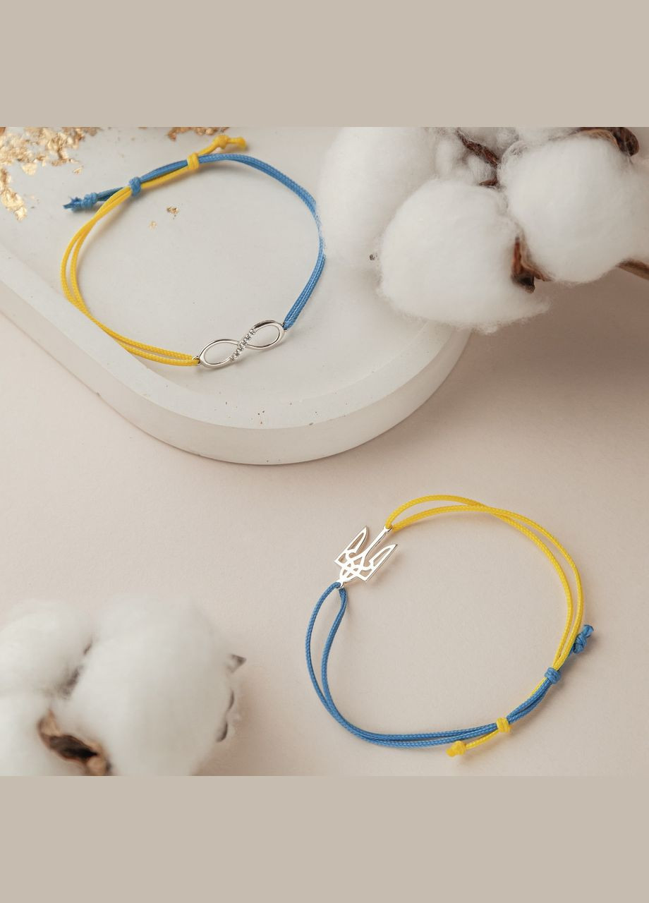 Браслет тканинний блакитно-жовтий зі срібним Тризубом та регульованою застібкою Каштан (342335372)