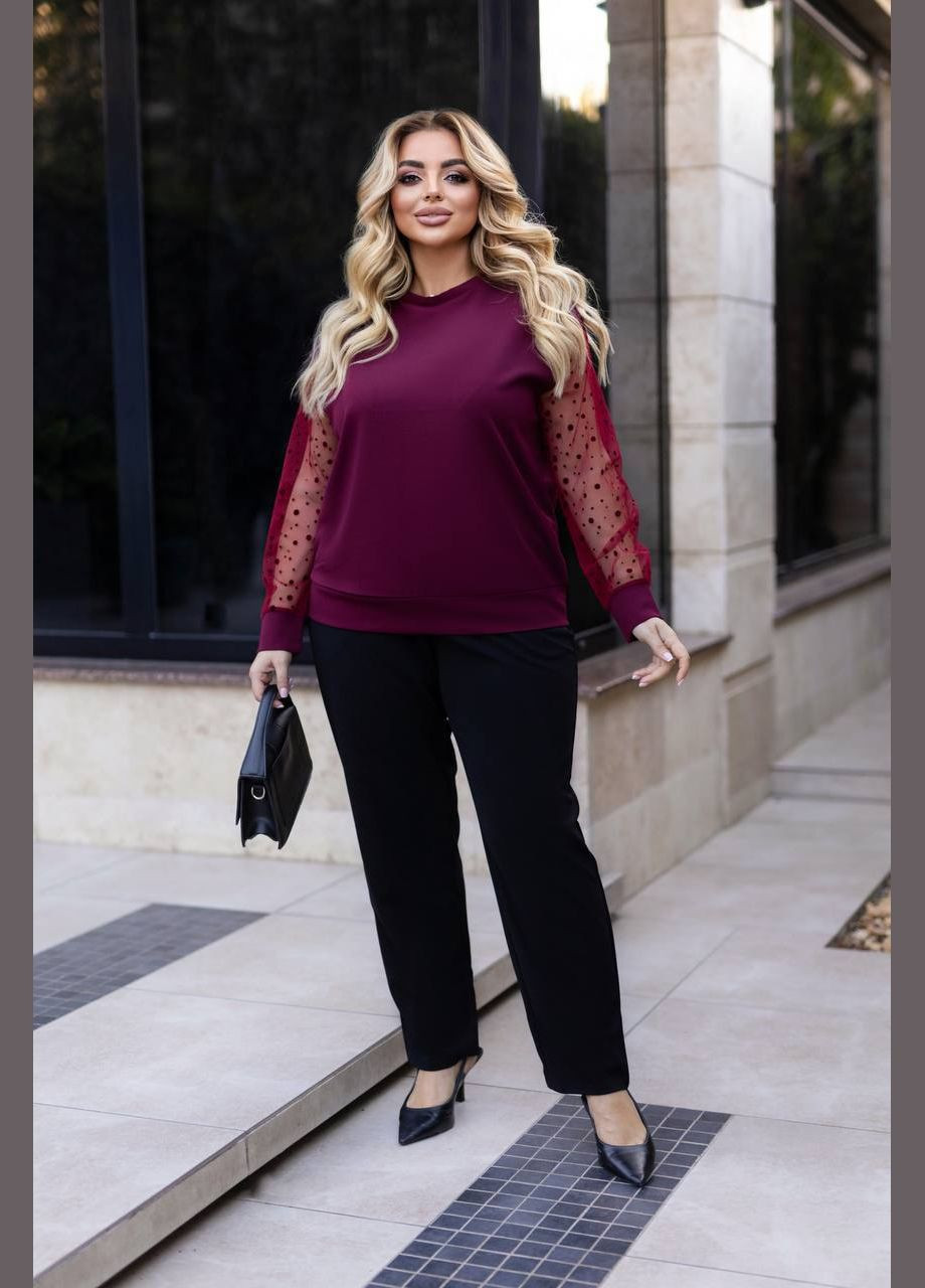 Жіночий костюм двійка кофта з сітчастими рукавами та брюки середньої посадки MonCher (340979652)