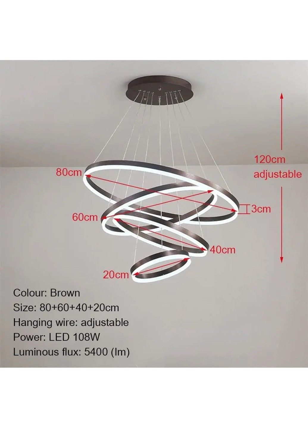 Світлодіодна люстра Олімпія PJ812С-4 40+60+80+100см (4 кільця) Коричнева No Brand (331640363)