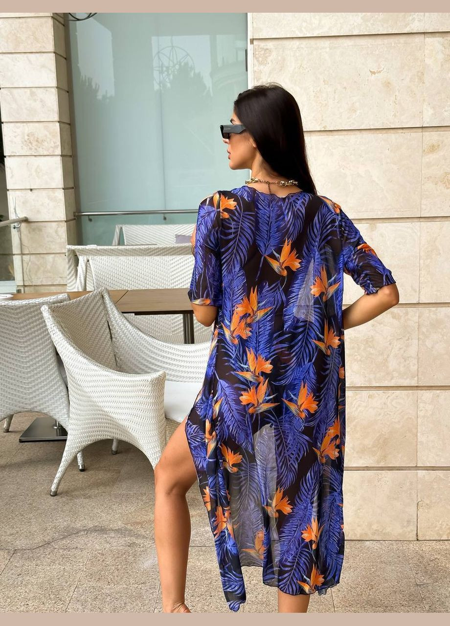 Темно-синій літній жіночий купальник з накидкою в комплекті суцільний Vital-Textile 2660/14