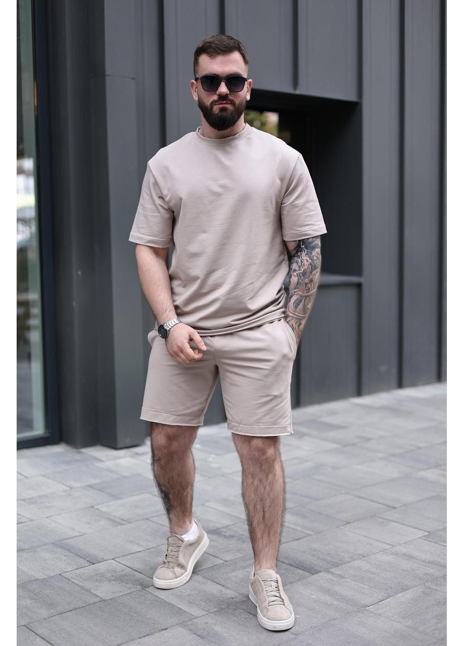 Бежевый летний мужской хлопковый качественный комплект на лето, шорты и футболка для тренировок отдыха с шортами Intruder