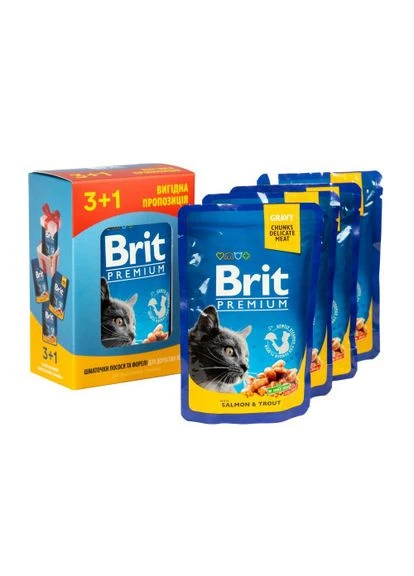 Набір паучів "3+1" для котів Cat pouch з лососем і фореллю, 4 х 100г Brit Premium (322875000)