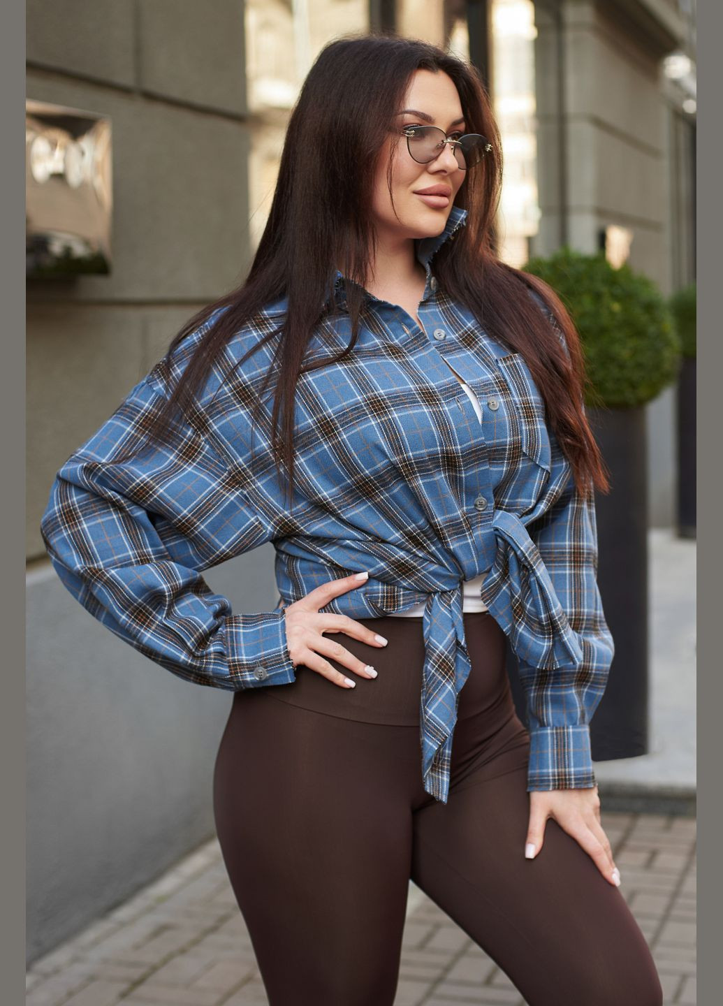 Голубой повседневный, кэжуал рубашка в клетку Jadone Fashion с длинным рукавом