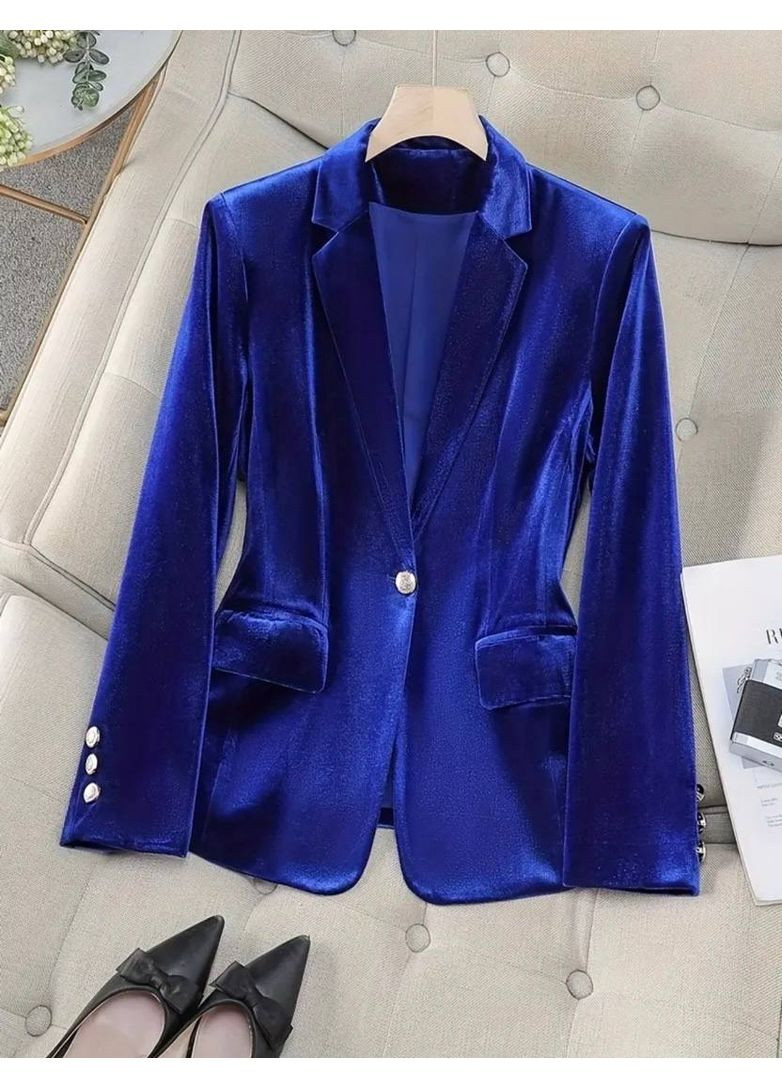 Синий женский женский пиджак на подкладке из бархата — замеры в описании DK/DL Мода без кордонів однотонный - всесезон