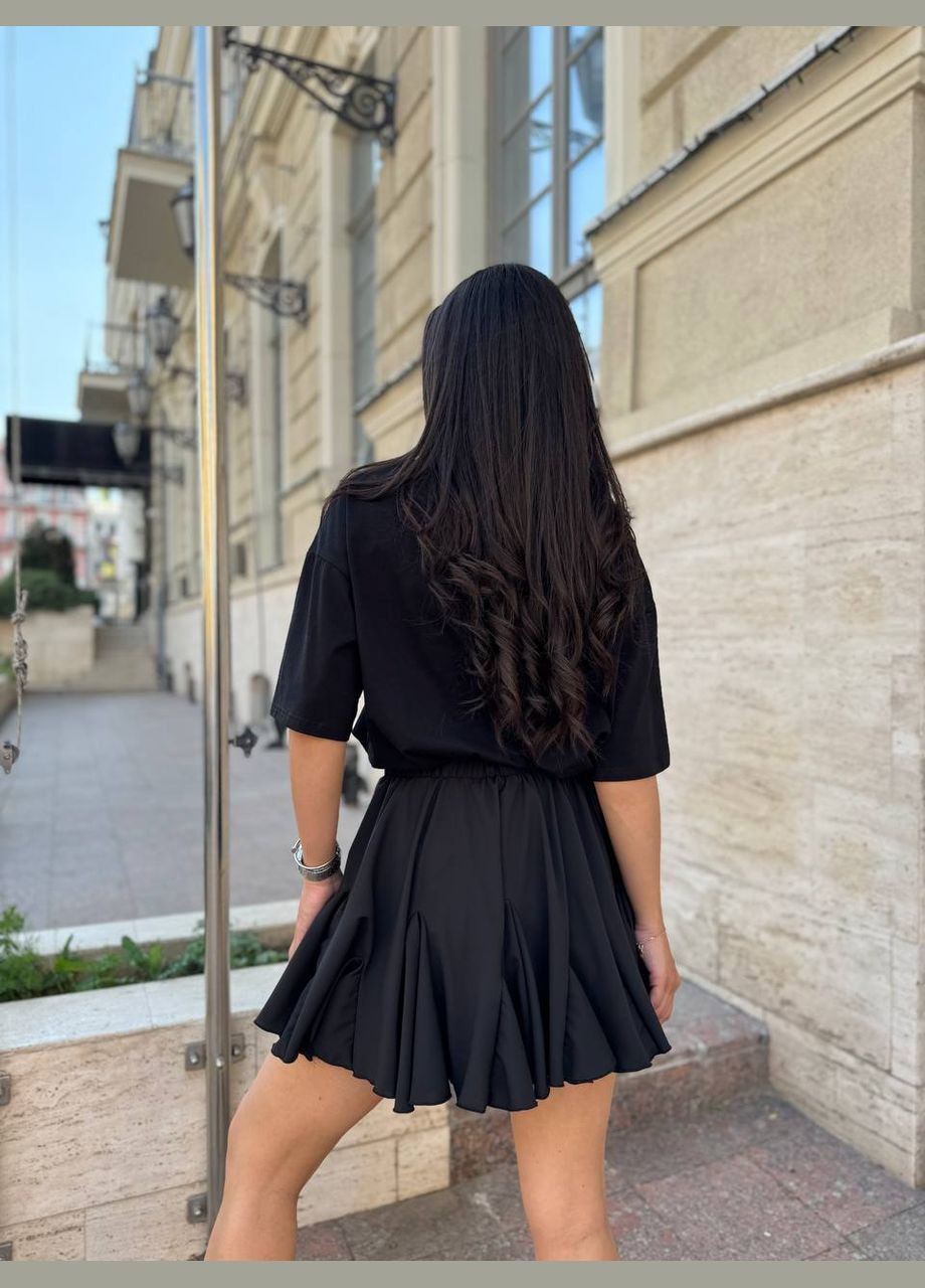 Черная повседневная однотонная женская юбка мини с шортами Україна клешированная-солнце