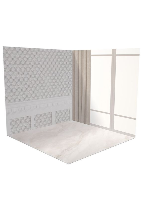 Кутовий вініловий фотофон 3D, візерункова стіна і вікно, підлога бежевий мармур і світле дерево, 70×70 см, №58399 PhotoVinyl (354359494)