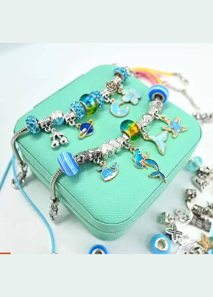 Набор для создания шарм браслетов и подвесок лазурный (60 шармов + 3 браслета + 3 подвеса), бижутерия Princess (306630750)