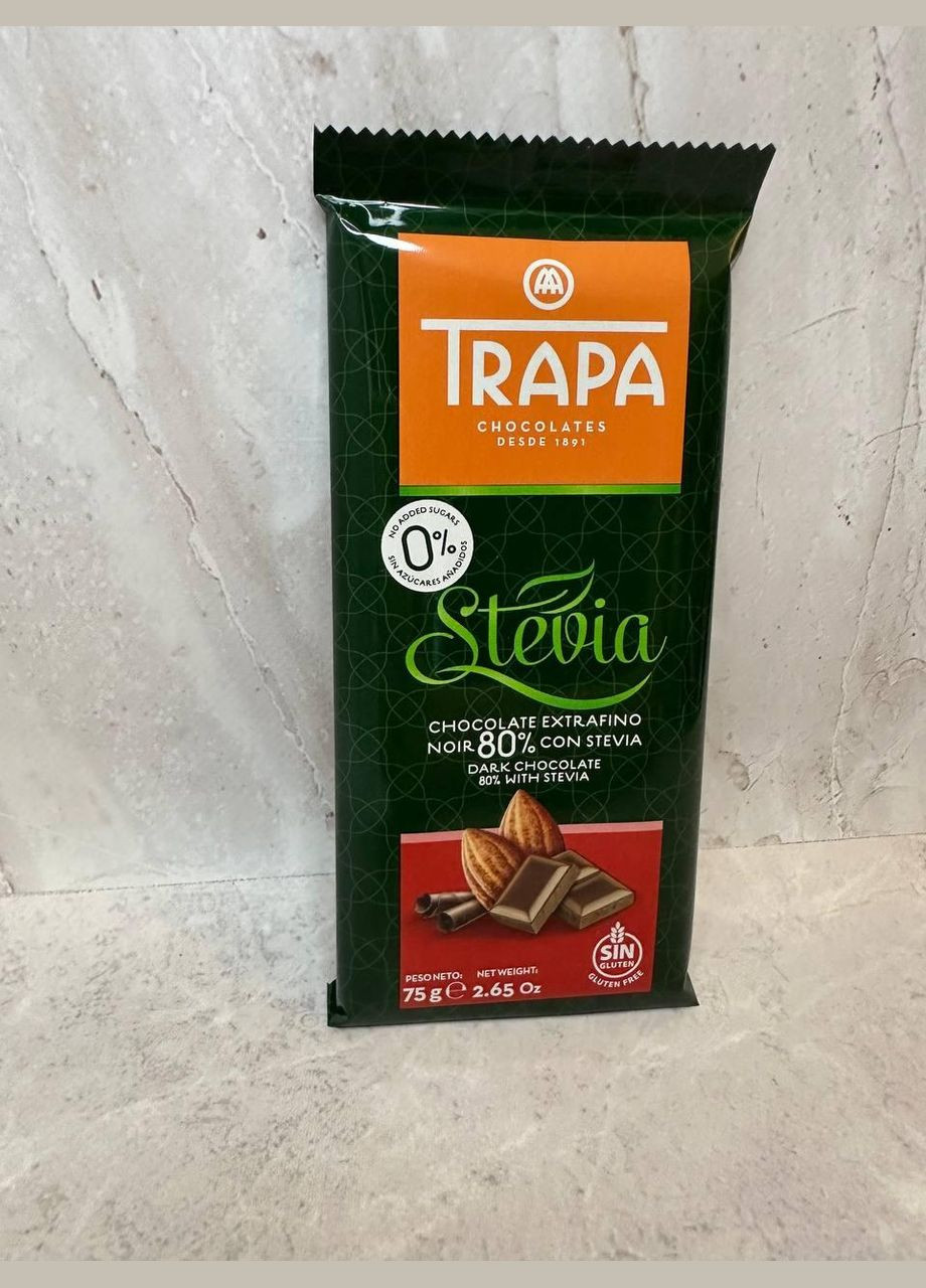 Чорний шоколад Trapa Stevia 50% без цукру, 75 г No Brand (323168782)