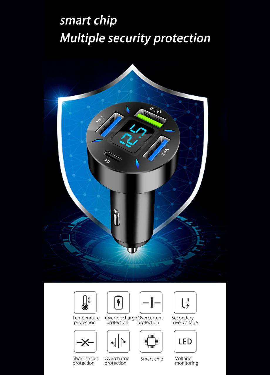 Автомобільна зарядка USB на 6 виходів: Usb 2 PD Super QC3.0 + вольтметр No Brand (305077831)