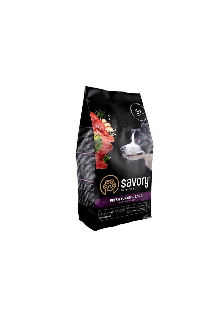 Сухой корм Medium для собак средних пород, со свежим ягненком и индейкой, 1 кг Savory (345743075)