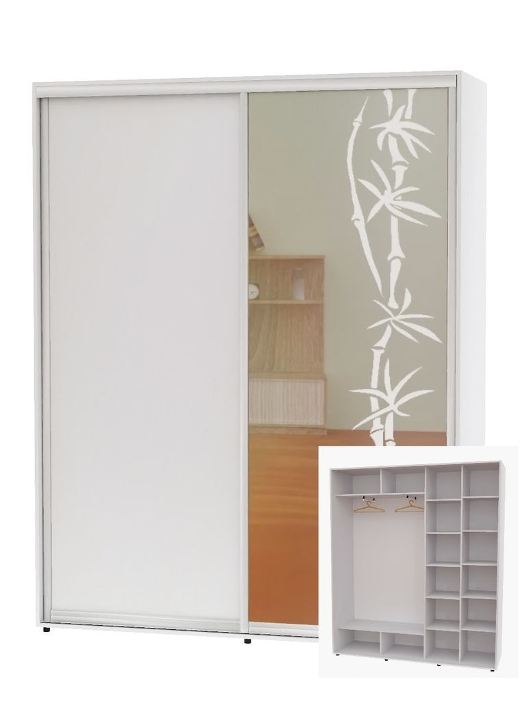 Шафа-купе дводверна 200*45*230 Білий ДСП/Дзеркало з піскострумним малюнком Алекса (360439965)