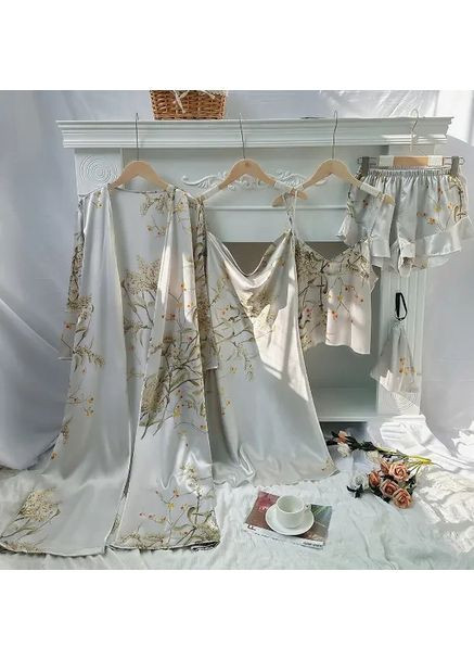 Атласный комплект качественный с ярким принтом для сна и дома. Халат с пеньюаром и пижамой и сумкой China (360863703)