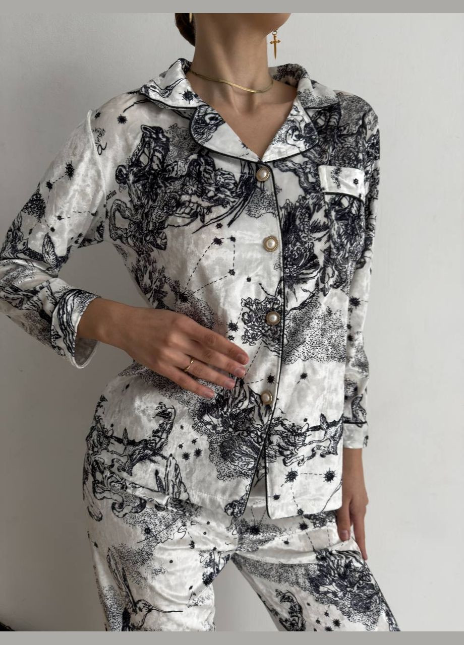 Чорно-біла всесезон затишна оксамитова піжама з леопардовим принтом сорочка + брюки No Brand