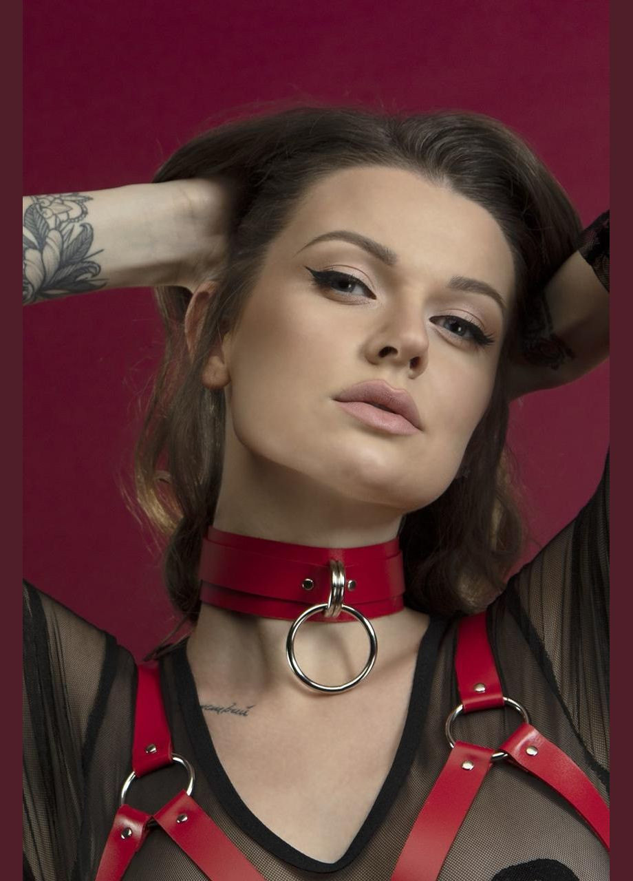 Чокер широкий с кольцом для поводка Feral Feelings - Collar красный, натуральная кожа No Brand (303906235)
