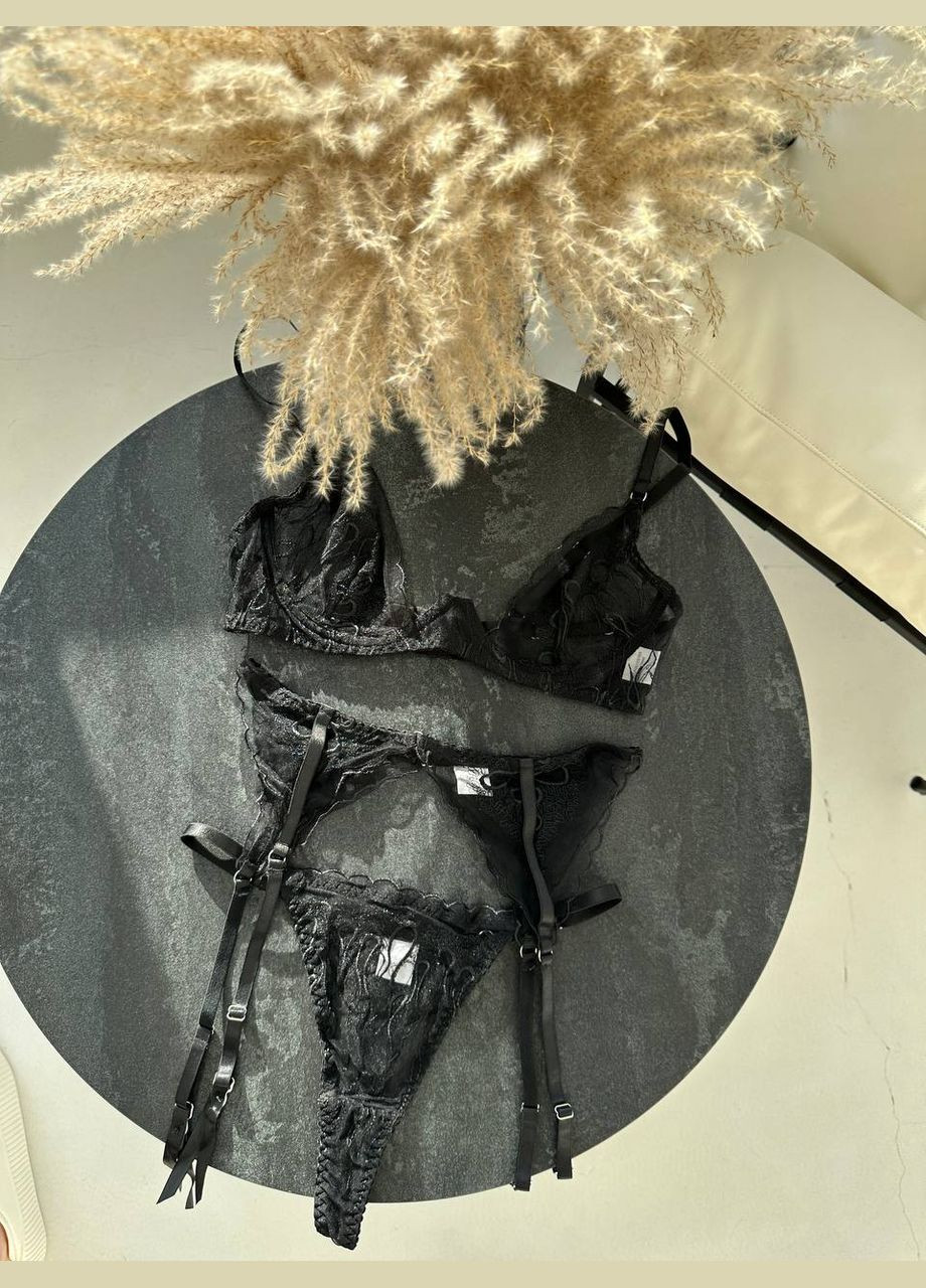 Чорний демісезонний витончений комплект білизни з фігурною чашкою і акцентом між грудьми Vakko