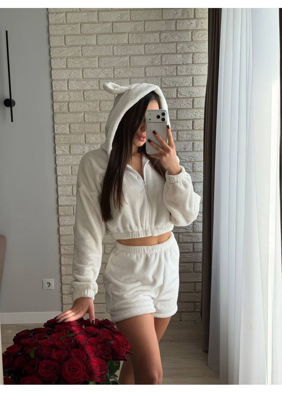 Белая зимняя пижама махра плотная двусторонняя, кофта с ушками на капюшоне, шорты Україна