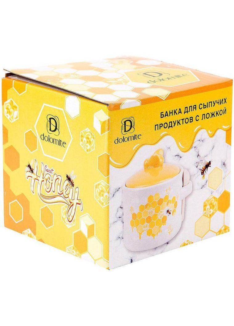Керамическая банка-медовница с деревянной ложкой "Sweet Honey" 450мл, белая с желтым. Bona (330136907)