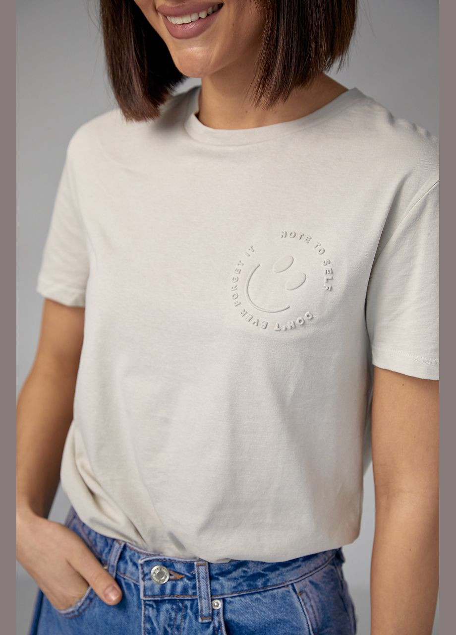 Светло-серая летняя хлопковая футболка с выпуклым принтом смайла - светло-серый Lurex