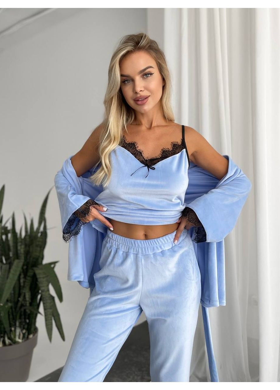 Голубая всесезон велюровый домашний костюм тройка Fashion
