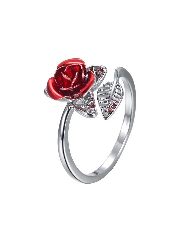 Женское кольцо в виде красн6ой розы серебристое размер 17 Fashion Jewelry (289355686)