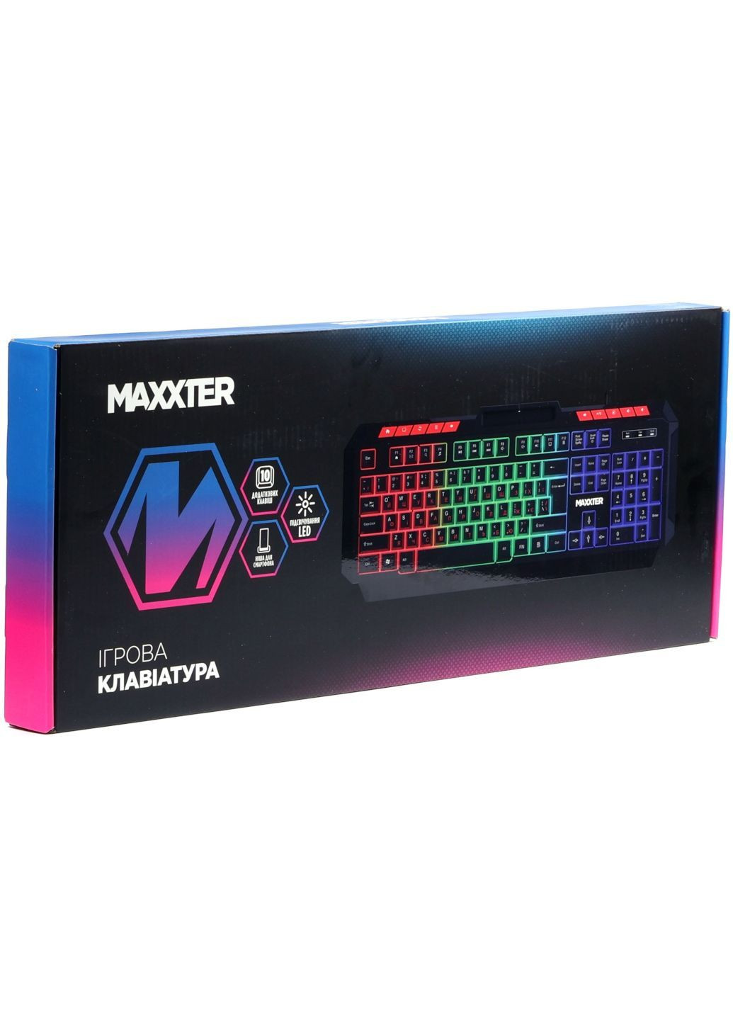 Ігрова клавіатура з підсвіткою, чорна, провідна USB, мембранна, повнорозмірна геймерська для комп'ютера ПК та ноутбука Maxxter Gaming Keyboard (362532647)