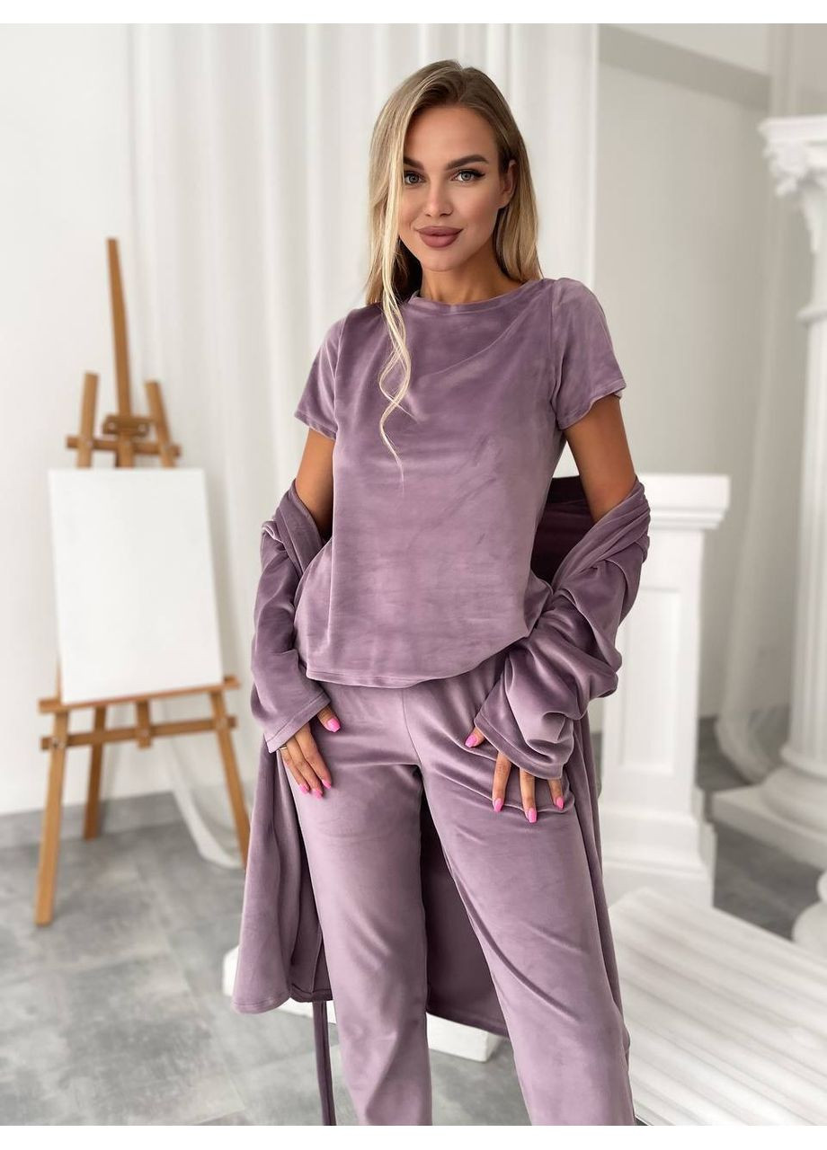 Розово-лиловая женская велюровая пижама тройка Osoblyva