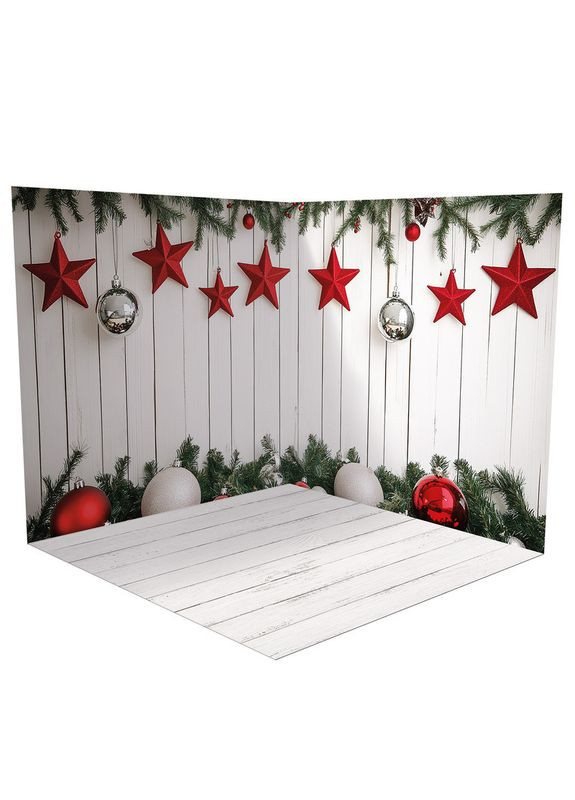 Фотофон для предметної зйомки 3D червоні зірки і хвоя, підлога біла дошка і зелений газон, 50×50 см, №58537 PhotoVinyl (354363451)