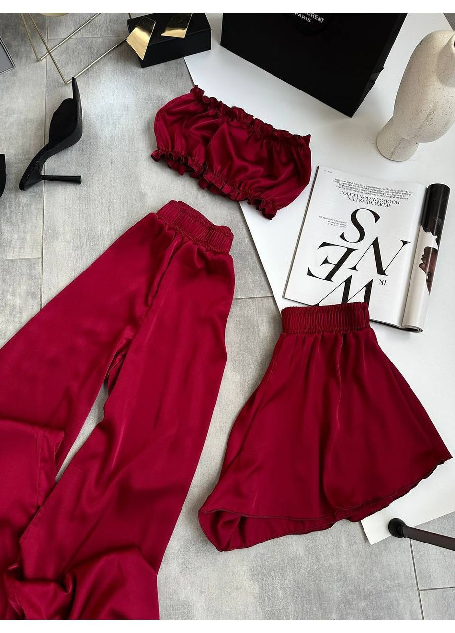 Бордова всесезон жіноча піжама топ + шорти + штани No Brand