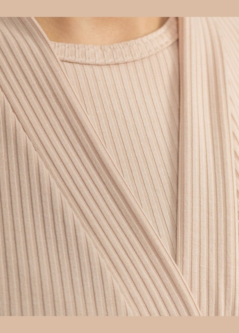 Бежева всесезон піжамний жіночий комплект трійка в рубчик, халат, футболка з шортами кремовий Maybel