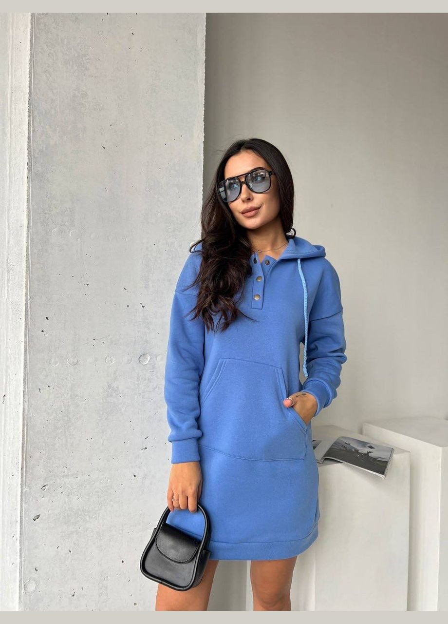 Синя сукня-туніка на флісі синього кольору 29373 сукня-худі No Brand однотонна