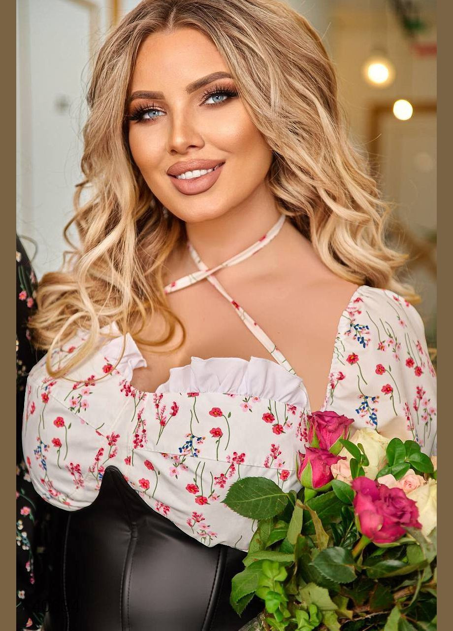 Молочна повсякденний сукня у квіточку з довгими рукавами Liton з квітковим принтом