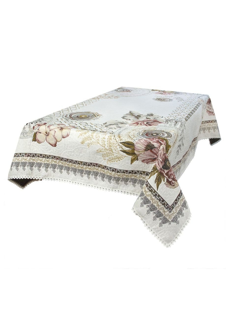 Скатерть гобеленовая белая прямоугольная праздничная с кружевом для квадратного или прямоугольного стола Стильная пион 100х100 Maystat (305390498)