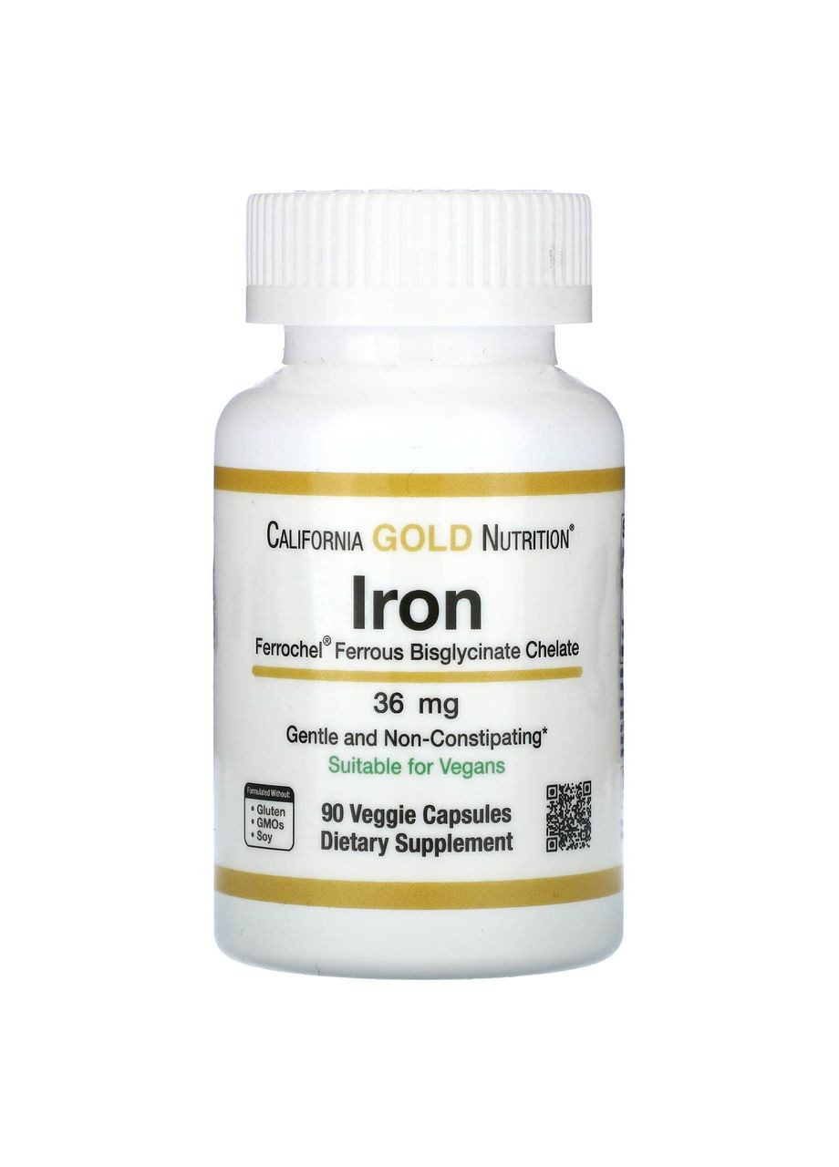 Железо бисглицинат 36 мг Iron Ferroche 90 растительных капсул California Gold Nutrition (268211850)