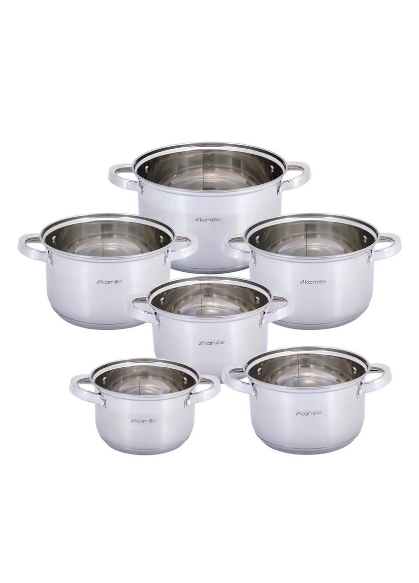 Набор кастрюль из нержавеющей стали 12 предметов для индукции и газа (1.8л, 2.5л, 3.8л, 6.5л) KM- Kamille 5640S (360880082)