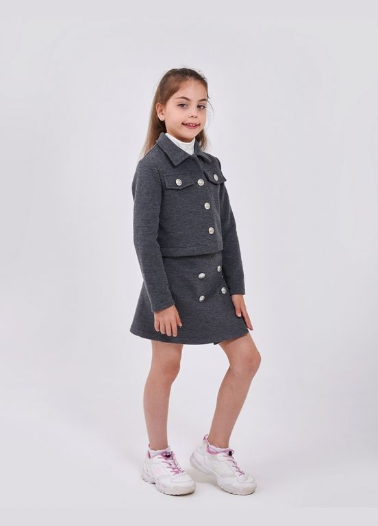 Серый костюм (пиджак + юбка) темно-серый меланж Smil