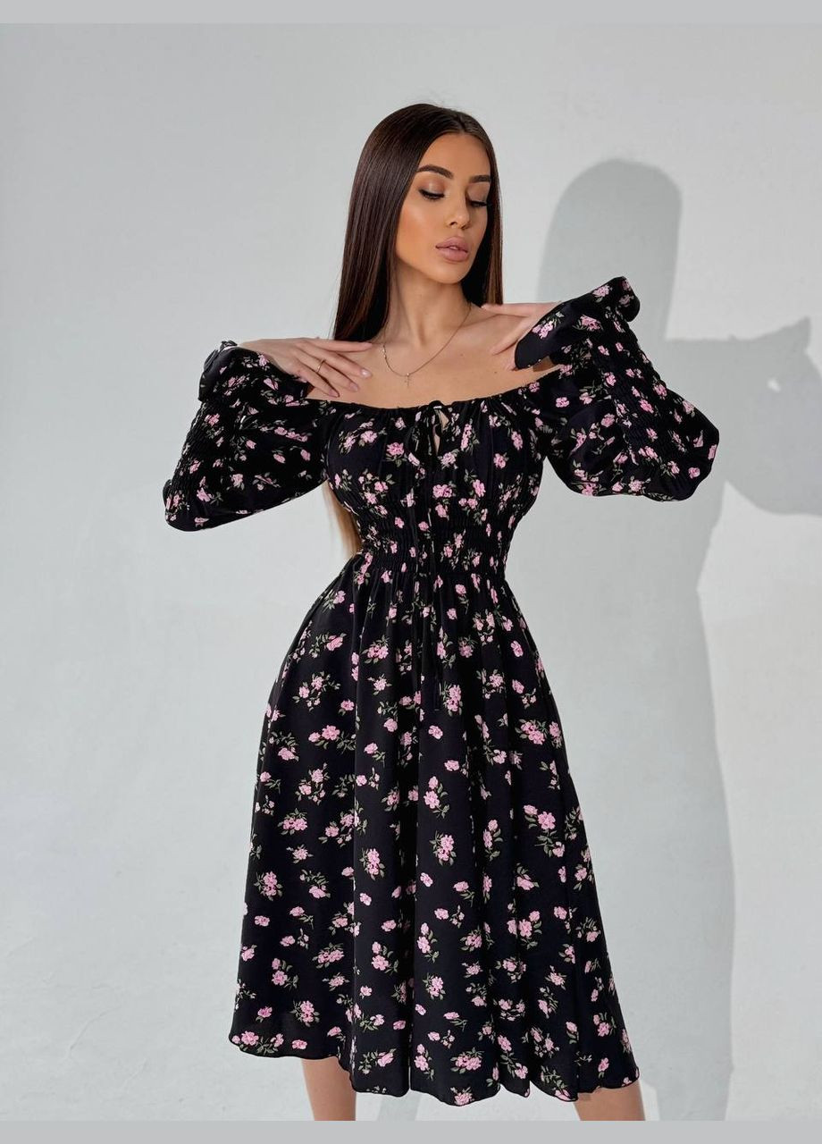 Чорна повсякденний жіноча сукня міді з довгим рукавом а-силует, з відкритими плечима Україна троянди