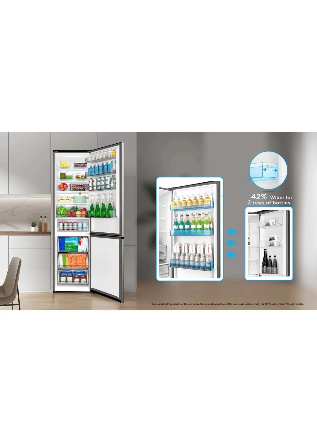 Ref with bottom freezer, 201x60x68, ref-314l, freez.-142l, 2doors, E, NF, inv, display ext, fresh zone, variable zone, inox TCL (391828777)